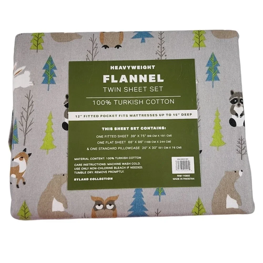 Ryland Collection Heavy Weight Cotton Flannel Sheet Set Twin Size 3pc Gray Multi